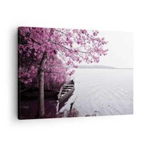 Quadro su tela - Stampe su Tela - Una barca sulla riva di un lago tra alberi rosa - 70x50cm - Nel silenzio rosa - Decorazione murale moderna per soggiorno e camera da letto ARTTOR