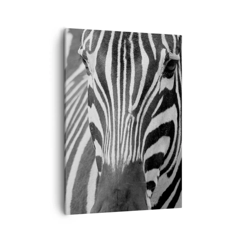 Quadro su tela - Stampe su Tela - Primo piano in bianco e nero di una zebra con le sue strisce distintive. - 50x70cm - Il mondo è in bianco e nero - Decorazione murale moderna per soggiorno e camera da letto ARTTOR