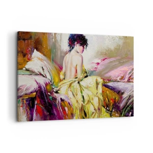 Quadro su tela - Stampe su Tela - Una scena pittorica di una donna su un letto in un'atmosfera romantica - 100x70cm - Tra la bocca e il bordo della coppa - Decorazione murale moderna per soggiorno e camera da letto ARTTOR