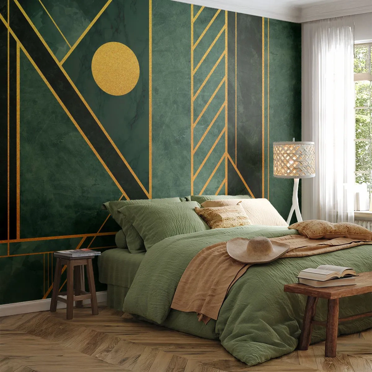 Fotomurali Autoadesivo Deluxe Sticker - Dinamica di oro e azzurro - Astrazione, Pezzo, Motivo geometrico - 250x175 cm