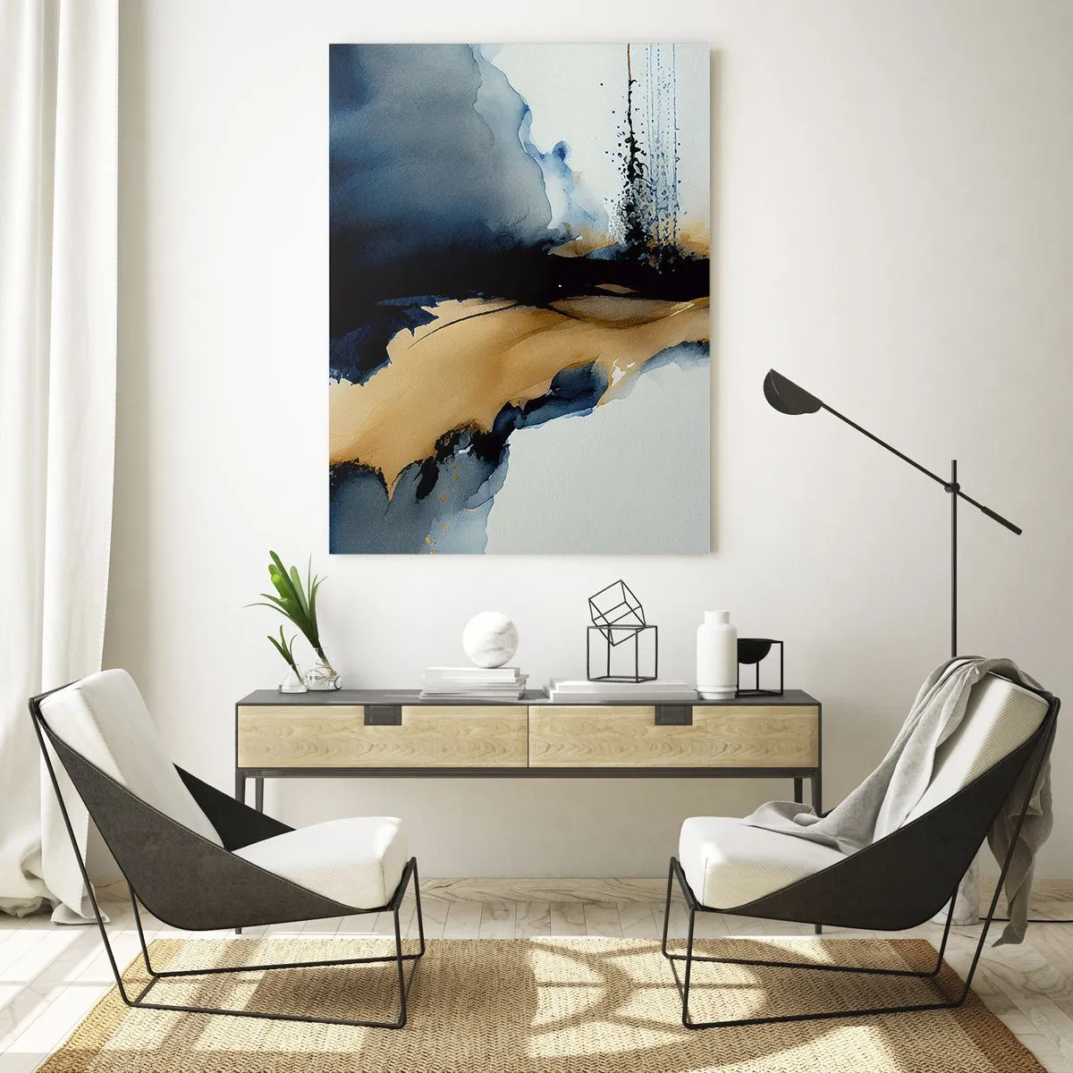 Quadro su vetro - Una composizione astratta nei toni del blu navy e dell'oro - 80x120cm - Dietro la cortina - Decorazione murale moderna per soggiorno e camera da letto ARTTOR