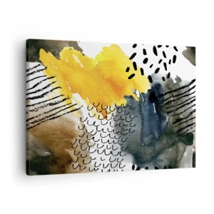Quadro su tela - Stampe su Tela - Una composizione astratta con accenti gialli e motivi grafici. - 70x50cm - L'incontro degli elementi - Decorazione murale moderna per soggiorno e camera da letto ARTTOR