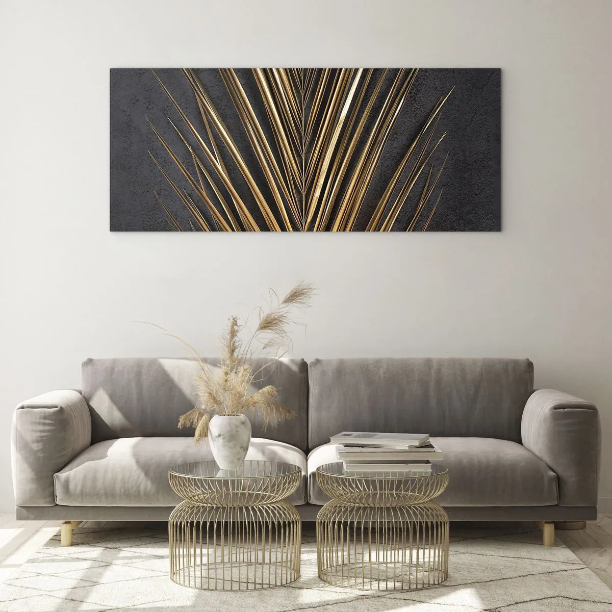 Quadro su vetro - Foglia tropicale dorata su sfondo nero - 140x50cm - L'oro dei tropici - Decorazione murale moderna per soggiorno e camera da letto ARTTOR
