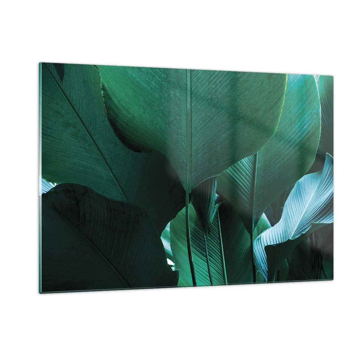 Quadro su vetro - Foglie tropicali in intense tonalità di verde - 120x80cm - Verso la luce - Decorazione murale moderna per soggiorno e camera da letto ARTTOR
