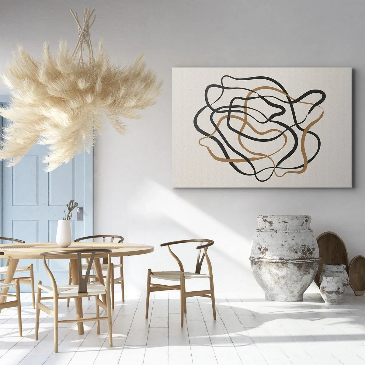Quadro su tela - Stampe su Tela - Linee aggrovigliate in nero e oro su uno sfondo chiaro - 70x50cm - Tutto è andato storto - Decorazione murale moderna per soggiorno e camera da letto ARTTOR