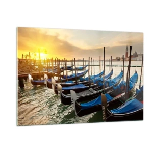 Quadro su vetro - Gondole a Venezia al tramonto - 120x80cm - Prima che arrivi il frastuono - Decorazione murale moderna per soggiorno e camera da letto ARTTOR