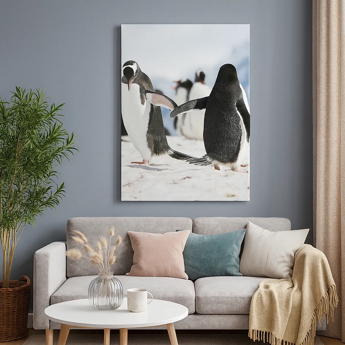 Quadro su tela - Stampe su Tela - Un gruppo di pinguini nella neve in un paesaggio antartico - 50x70cm - Danza sulla neve - Decorazione murale moderna per soggiorno e camera da letto ARTTOR