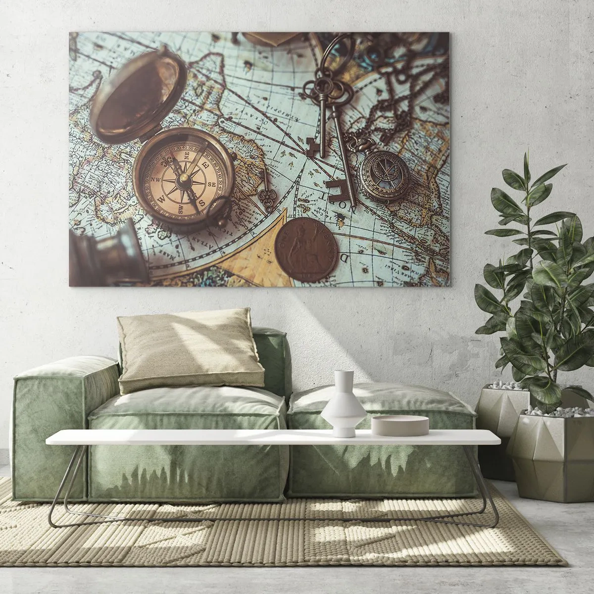 Quadro su vetro - Una bussola antica sullo sfondo di una mappa e di chiavi antiche. - 120x80cm - Per il cercatore di avventure - Decorazione murale moderna per soggiorno e camera da letto ARTTOR
