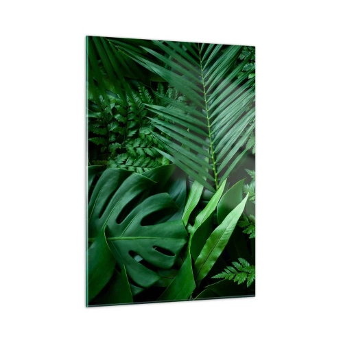 Quadro su vetro - Foglie verdi dense di piante tropicali nella composizione - 50x70cm - Avvolti nel verde - Decorazione murale moderna per soggiorno e camera da letto ARTTOR