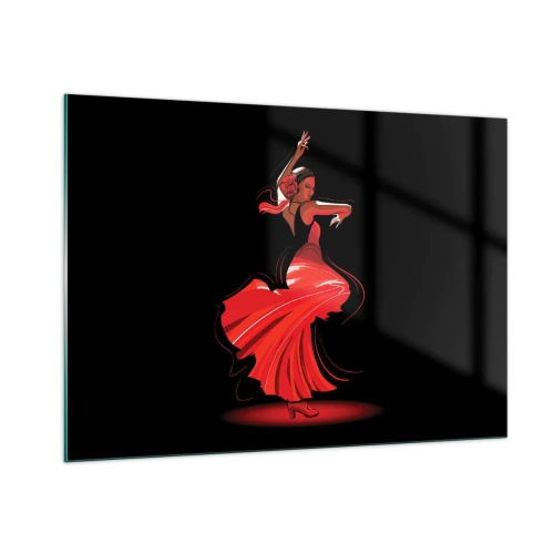 Quadro su vetro - Ballerina di flamenco in abito rosso su sfondo nero - 100x70cm - Lo spirito focoso del flamenco - Decorazione murale moderna per soggiorno e camera da letto ARTTOR