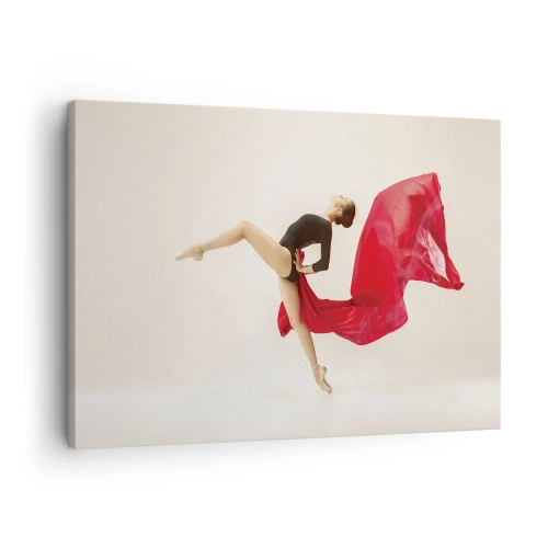 Quadro su tela - Stampe su Tela - Una ballerina dinamica in movimento con un abito nero e tessuto rosso. - 70x50cm - Rosso e nero - Decorazione murale moderna per soggiorno e camera da letto ARTTOR
