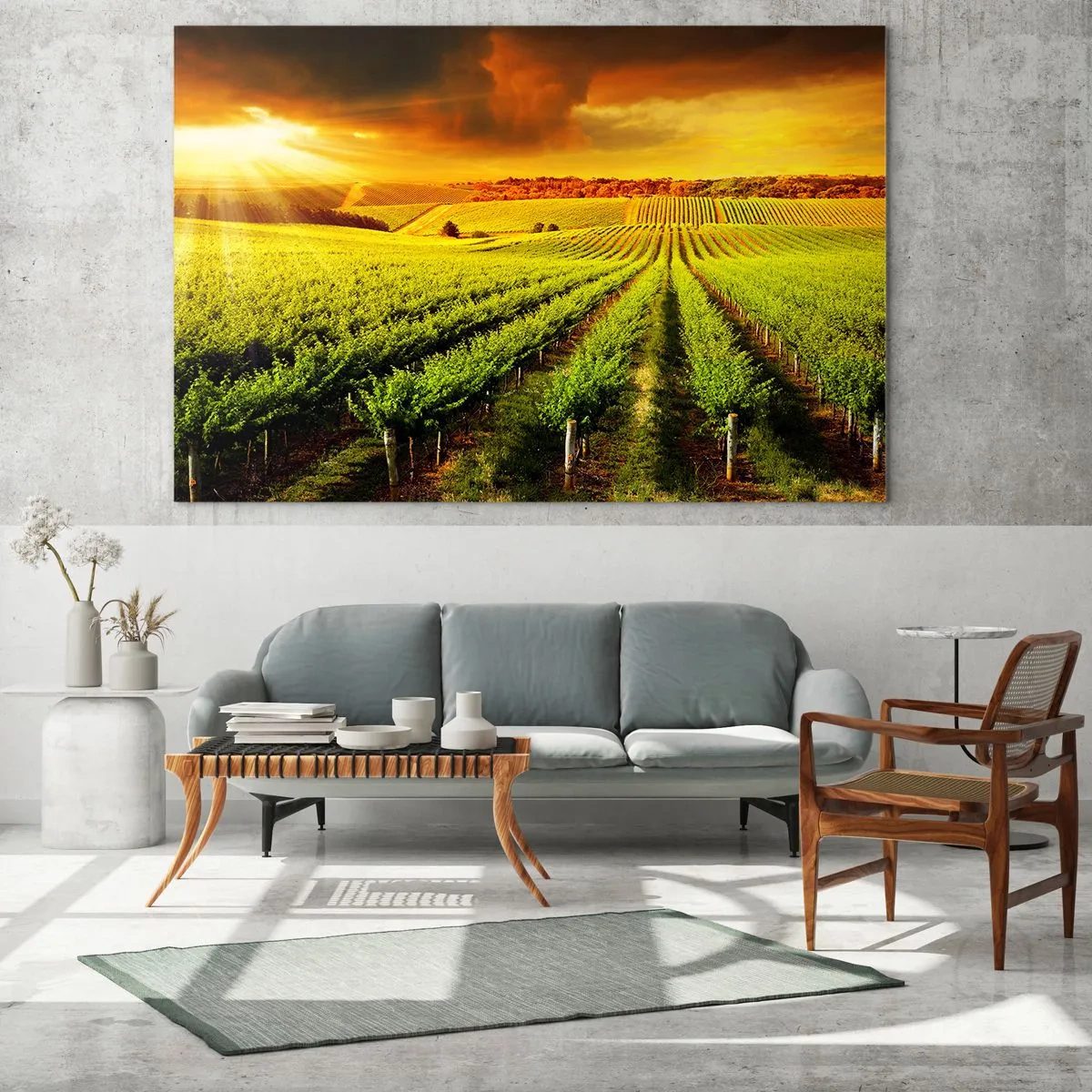 Quadro su vetro - Vigneto alla luce del sole al tramonto - 100x70cm - Sotto il sole dell'Australia - Decorazione murale moderna per soggiorno e camera da letto ARTTOR