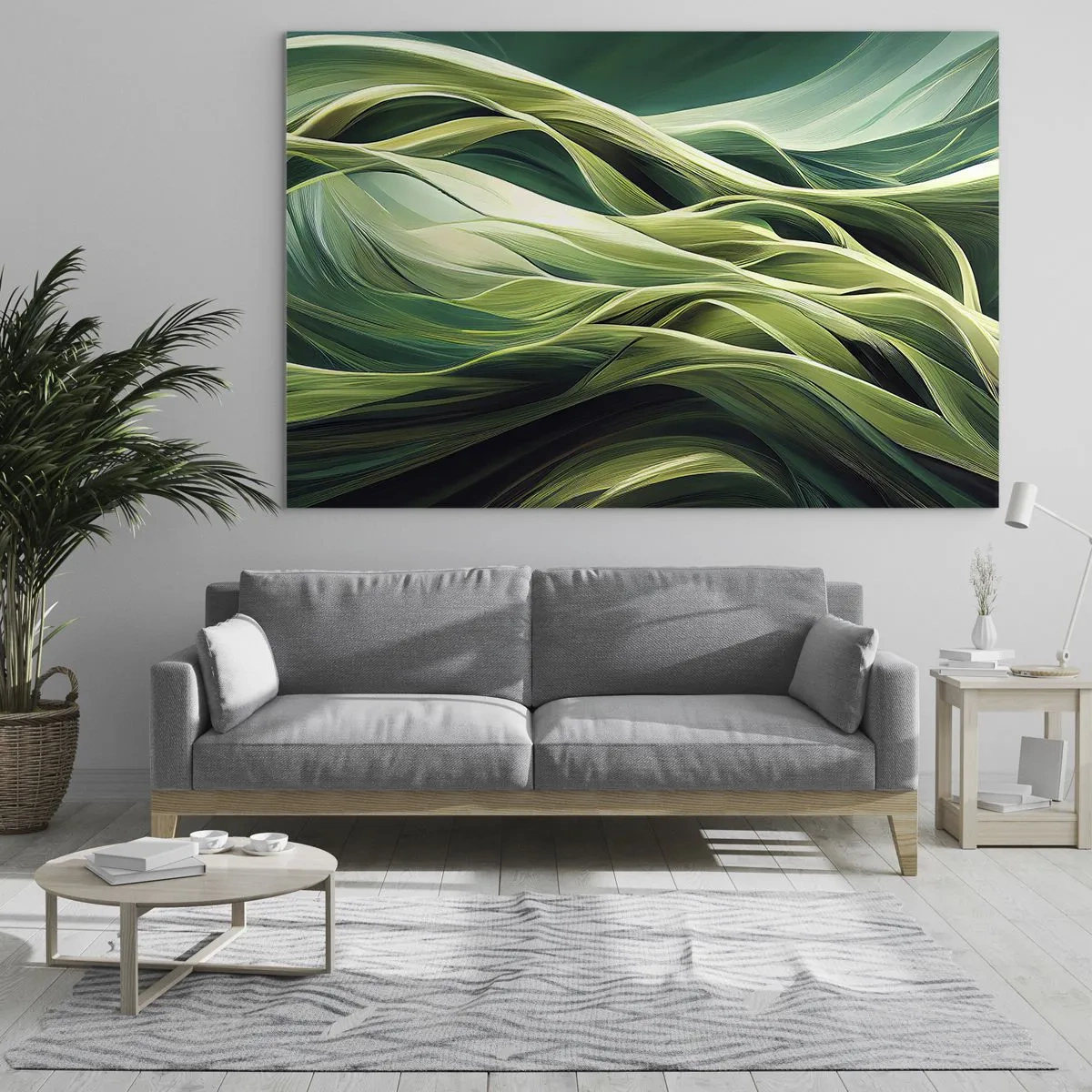 Quadro su vetro - Onde verdi astratte con forme organiche - 120x80cm - Gioco astratto in verde - Decorazione murale moderna per soggiorno e camera da letto ARTTOR