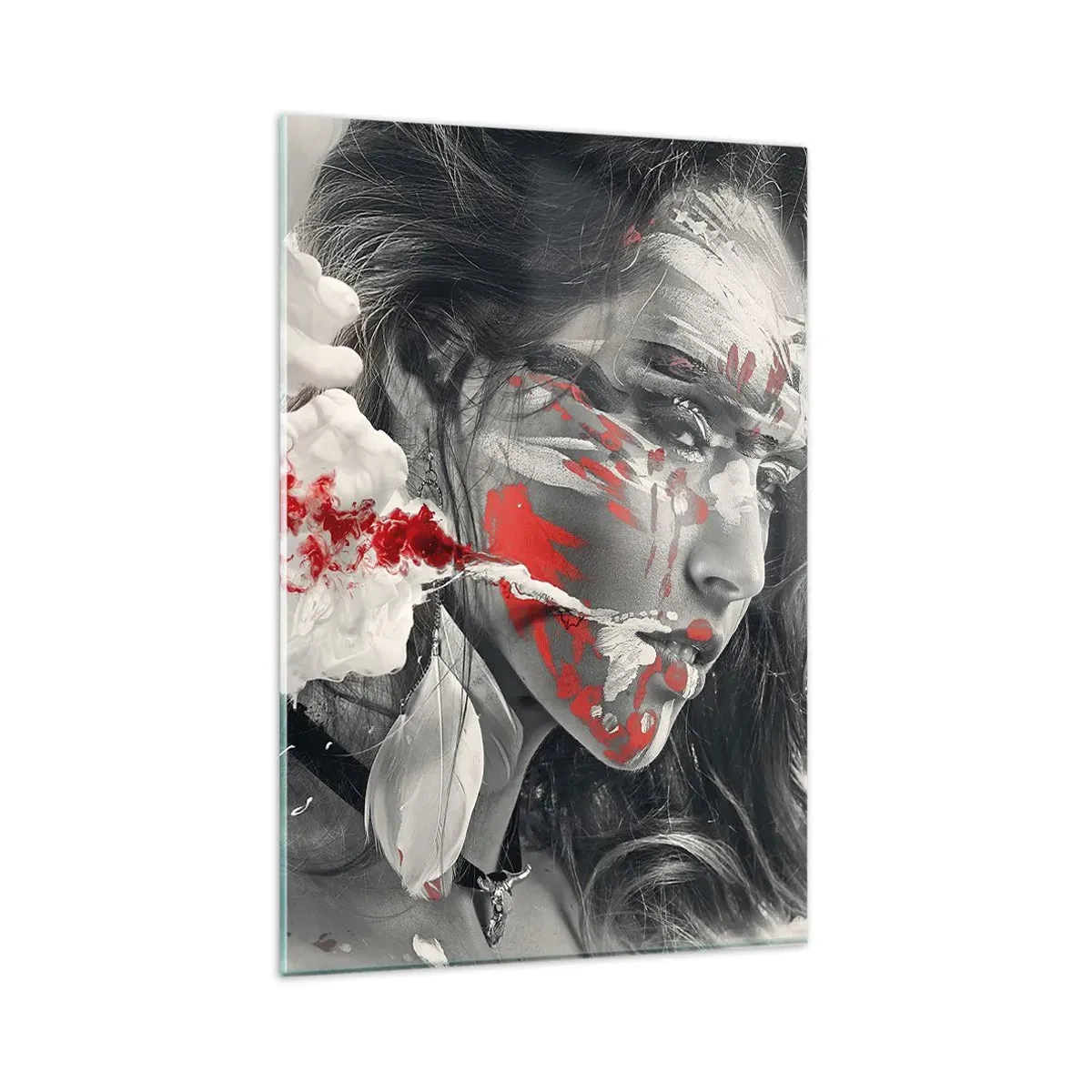 Quadro su vetro - Ritratto artistico di una donna con accenti rossi astratti - 80x120cm - Nei vapori dell'assurdo - Decorazione murale moderna per soggiorno e camera da letto ARTTOR