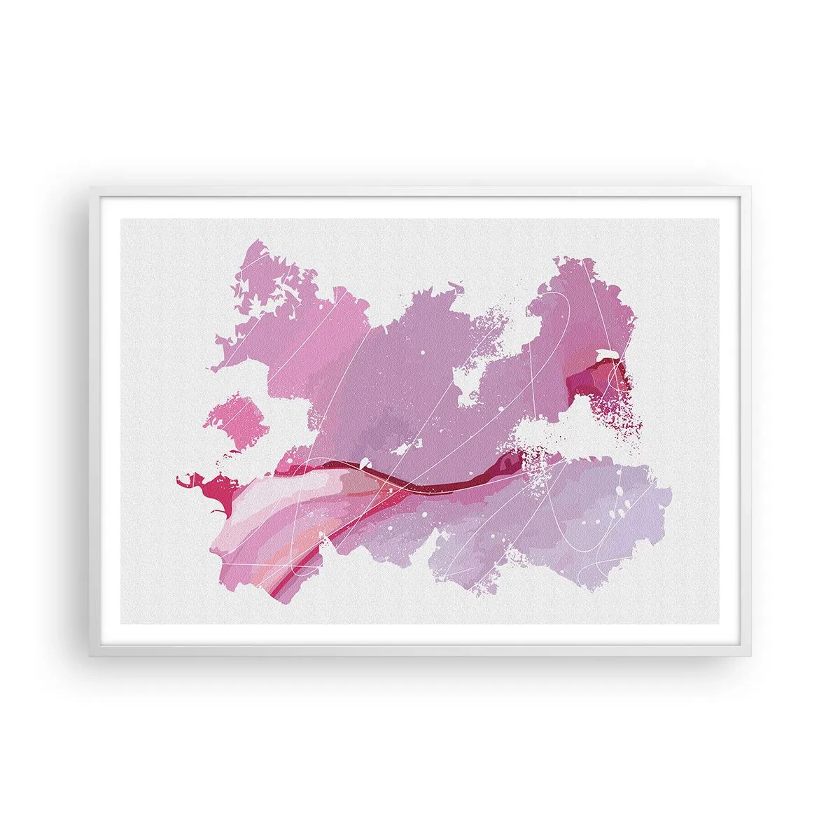 Poster in cornice bianca - Mappa del mondo rosa - 100x70 cm