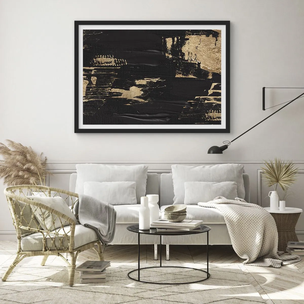 Poster in cornice nera - Composizione astratta nei toni del nero e dell'oro - 70x50cm - Tracce del contatto - Decorazione murale moderna per soggiorno e camera da letto ARTTOR
