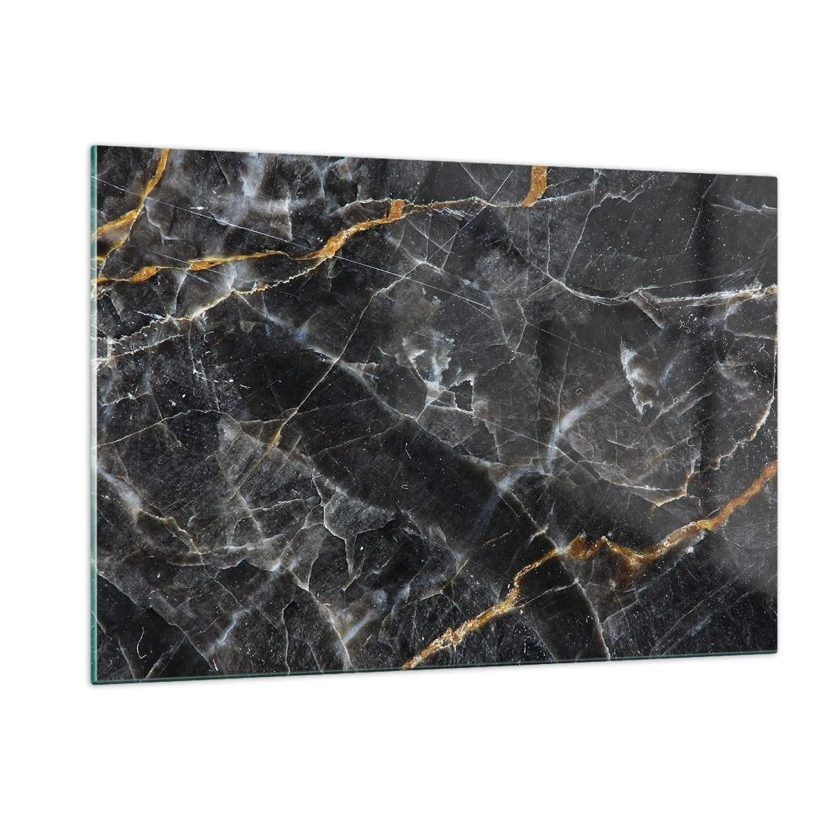 Quadro su vetro - Motivo in marmo nero e oro con venature bianche - 120x80cm - La vita interiore delle pietre - Decorazione murale moderna per soggiorno e camera da letto ARTTOR