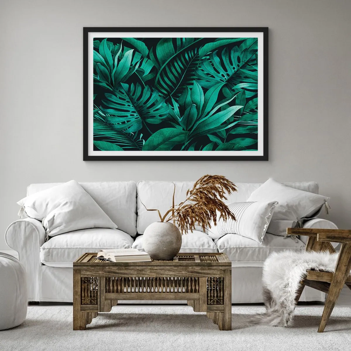 Poster in cornice nera - Foglie tropicali in tonalità di verde intenso - 70x50cm - Dal profondo del verde tropicale - Decorazione murale moderna per soggiorno e camera da letto ARTTOR