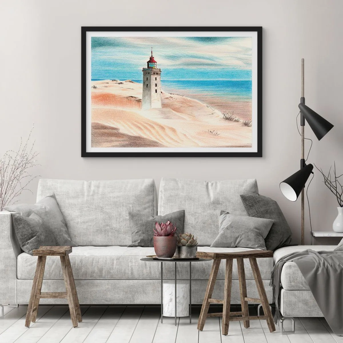Poster in cornice nera - Un faro circondato da dune di sabbia e un cielo azzurro - 100x70cm - Sempre guardando il mare - Decorazione murale moderna per soggiorno e camera da letto ARTTOR