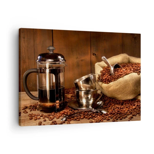 Quadro su tela - Stampe su Tela - French press, tazze e una busta di caffè su uno sfondo di legno - 70x50cm - Magia del caffè: aroma e sapore - Decorazione murale moderna per soggiorno e camera da letto ARTTOR