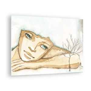 Quadro su vetro - Una sottile figura di donna con un albero su uno sfondo di colori ad acquerello - 70x50cm - L'albero della poesia cresce nel silenzio - Decorazione murale moderna per soggiorno e camera da letto ARTTOR
