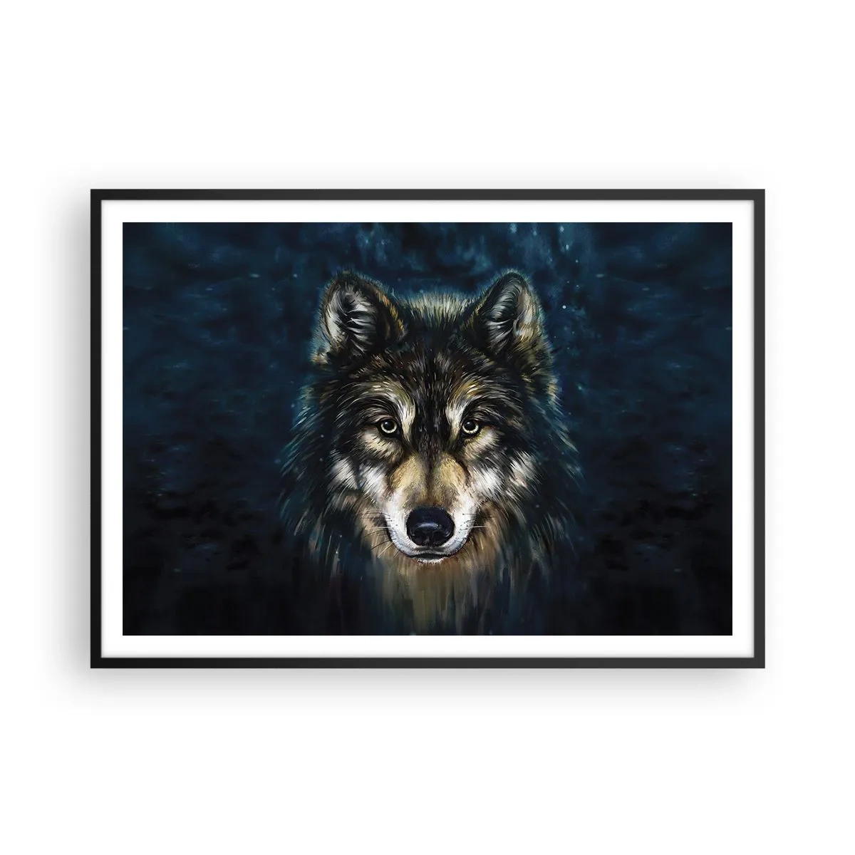Poster in cornice nera - Ritratto di un lupo su sfondo blu scuro - 100x70cm - Alfa? E omega - Decorazione murale moderna per soggiorno e camera da letto ARTTOR