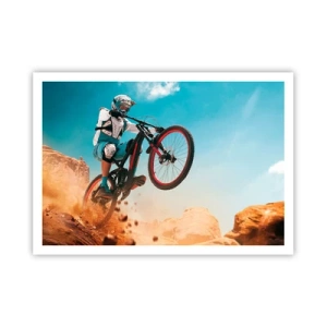 Poster - Un ciclista di mountain bike esegue un salto su uno sfondo di rocce - 100x70cm - Il demone della follia ciclistica - Decorazione murale moderna per soggiorno e camera da letto ARTTOR