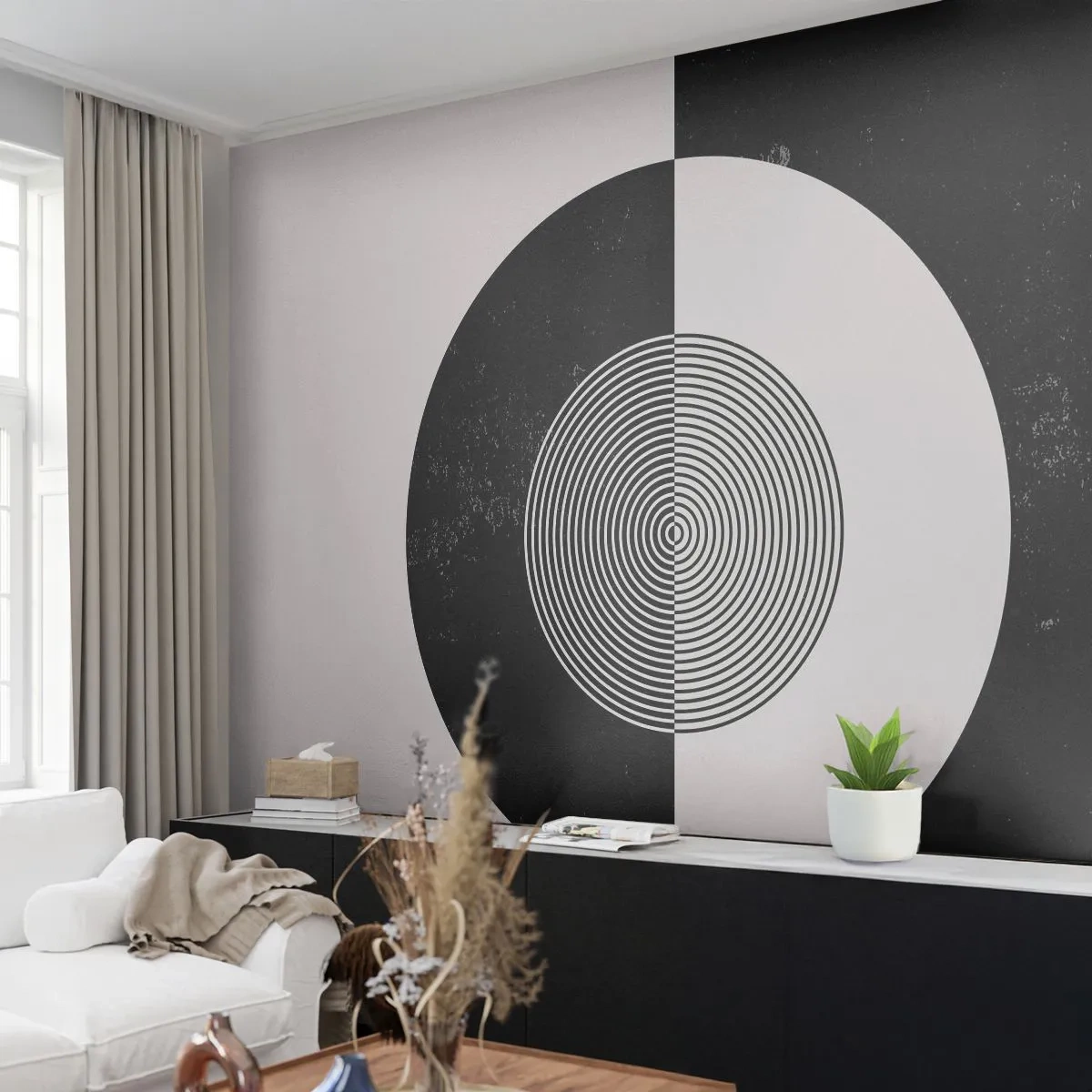 Fotomurali Standard Eco - Astrazione geometrica in bianco e nero con cerchi - 100x70cm - Armonia in bianco e nero - Decorazione murale moderna per soggiorno e camera da letto ARTTOR