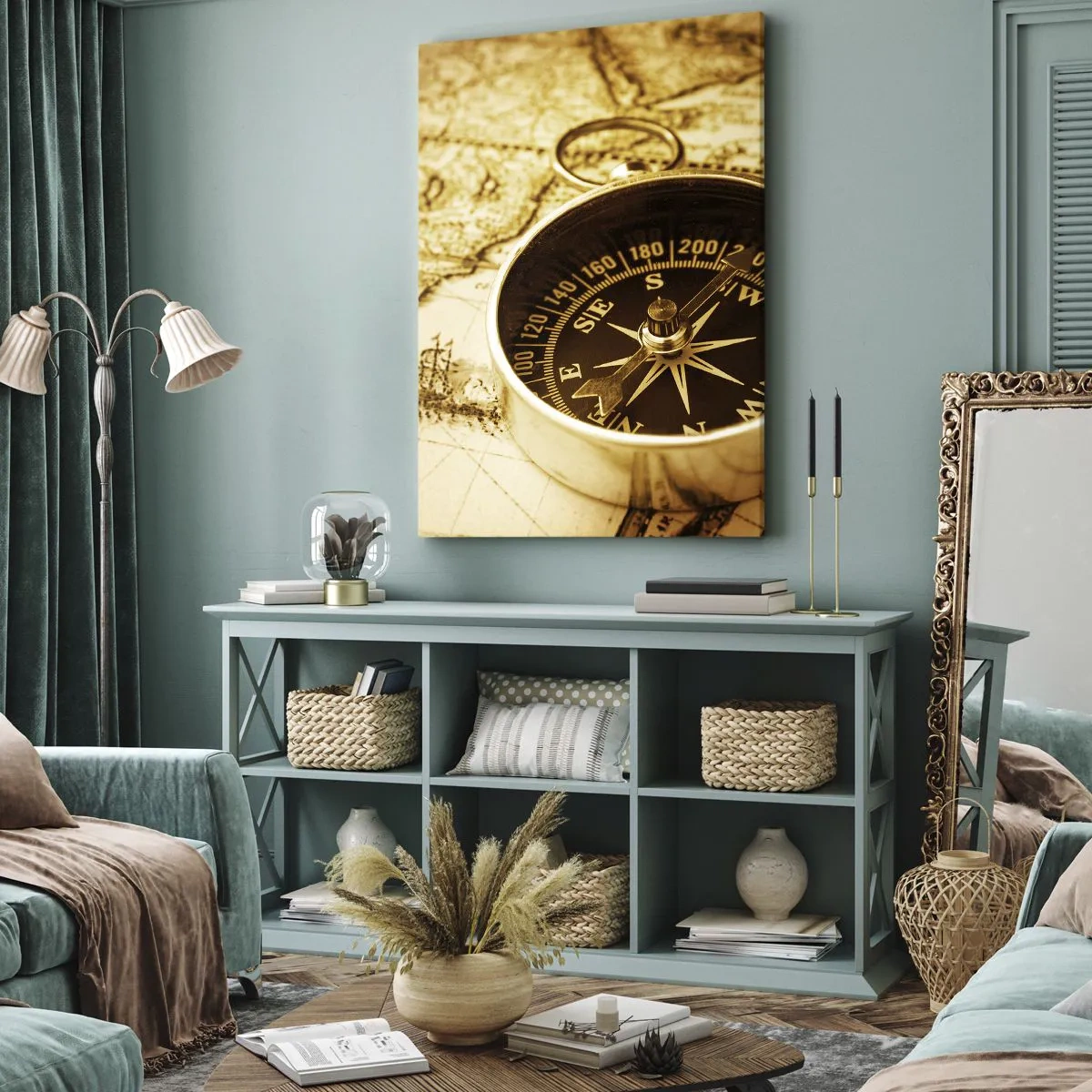Quadro su tela - Stampe su Tela - Una bussola antica sullo sfondo di una vecchia mappa del mondo - 50x70cm - A est o a ovest? - Decorazione murale moderna per soggiorno e camera da letto ARTTOR