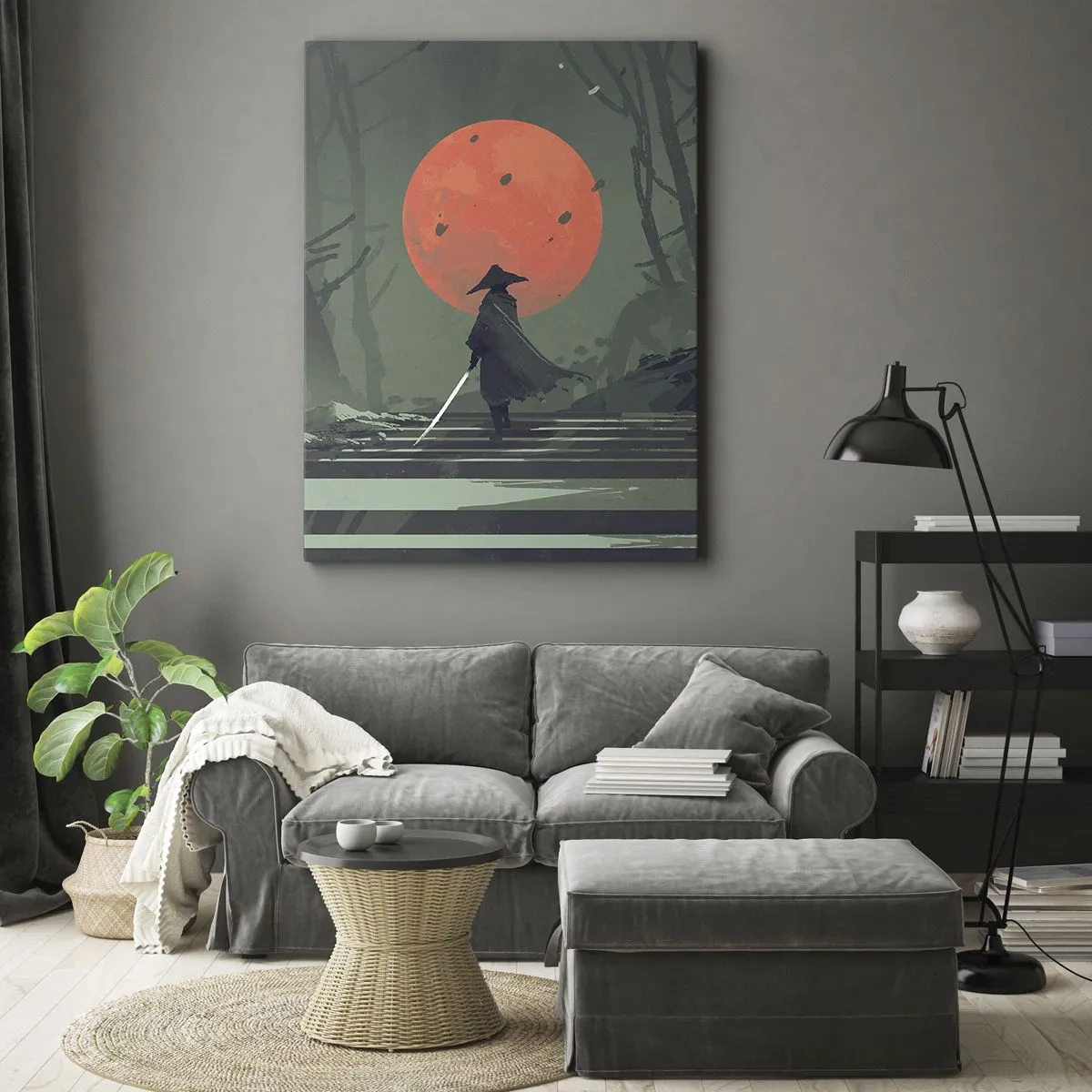 Quadro su tela - Stampe su Tela - Un guerriero solitario con una spada sullo sfondo di una luna rossa in una foresta oscura. - 70x100cm - Il guerriero della luna rossa - Decorazione murale moderna per soggiorno e camera da letto ARTTOR