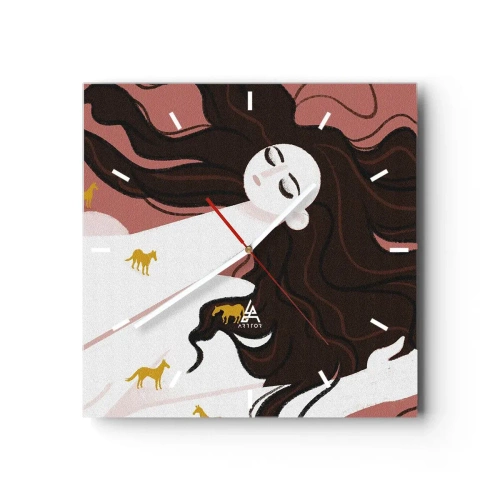 Orologio da parete - Orologio in Vetro - Una figura con gli occhi chiusi circondata da cavalli dorati - 30x30cm - Il sogno del cavallo d'oro - Decorazione murale moderna per soggiorno e camera da letto ARTTOR