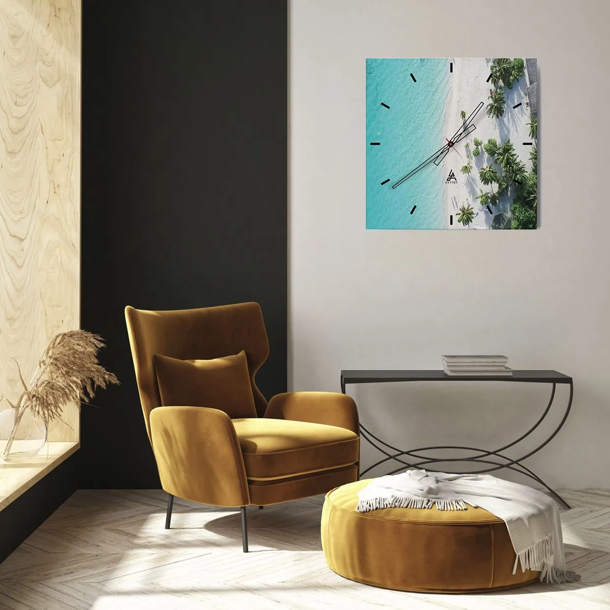 Orologio da parete - Orologio in Vetro - Una vista a volo d'uccello di una spiaggia tropicale con acqua turchese e palme - 30x30cm - Vacanze in paradiso - Decorazione murale moderna per soggiorno e camera da letto ARTTOR