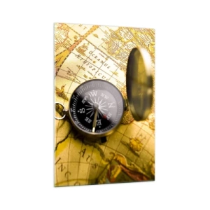Quadro su vetro - Una bussola antica sullo sfondo di una vecchia mappa del mondo - 70x100cm - Forse all'estremità del mondo? - Decorazione murale moderna per soggiorno e camera da letto ARTTOR