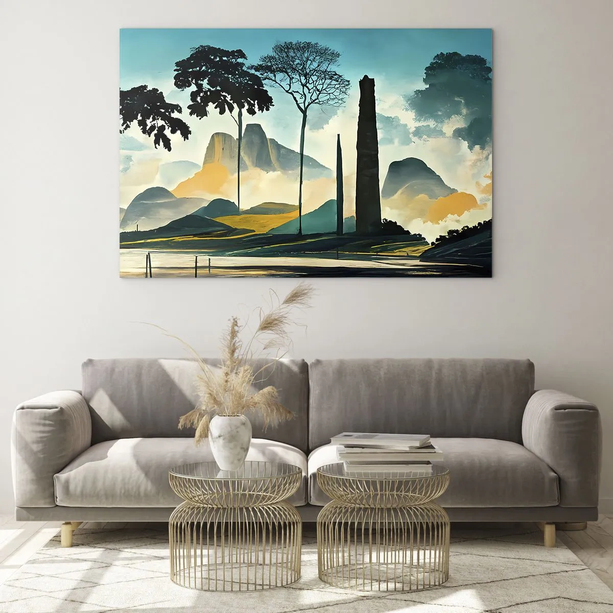 Quadro su vetro - Un paesaggio fantastico con montagne, alberi e una roccia imponente - 100x70cm - Sempre più in alto - Decorazione murale moderna per soggiorno e camera da letto ARTTOR