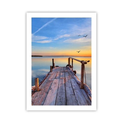Poster - Un molo al tramonto su un lago calmo - 50x70cm - Camminando verso il sole - Decorazione murale moderna per soggiorno e camera da letto ARTTOR