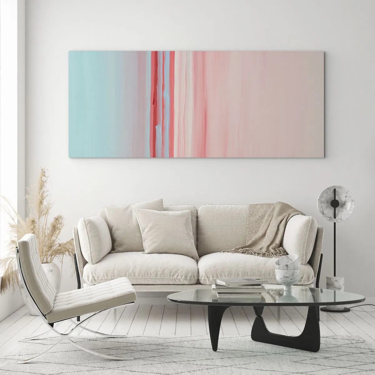 Quadro su vetro - Linee pastello nei toni del rosa e del blu in una composizione minimalista - 140x50cm - Astrazione all'alba - Decorazione murale moderna per soggiorno e camera da letto ARTTOR