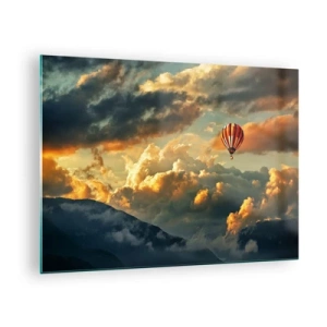 Quadro su vetro - Un pallone che fluttua sopra le montagne tra le nuvole al tramonto - 70x50cm - Volo perché voglio - Decorazione murale moderna per soggiorno e camera da letto ARTTOR