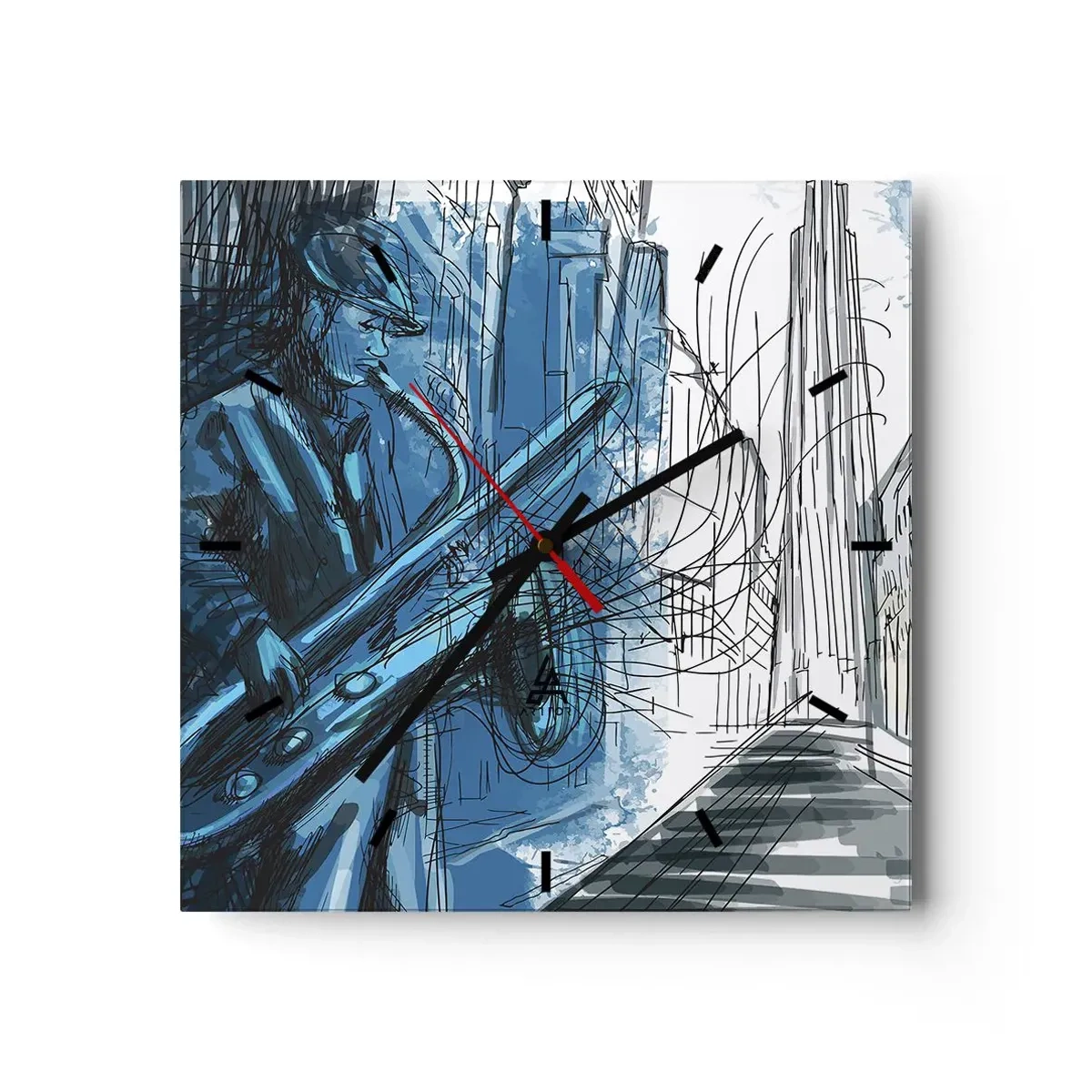 Orologio da parete - Orologio in Vetro - Una figura che suona il sassofono sullo sfondo di una città - 30x30cm - Rapsodia urbana - Decorazione murale moderna per soggiorno e camera da letto ARTTOR