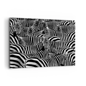 Quadro su tela - Stampe su Tela - Un gruppo di zebre con strisce bianche e nere che creano un motivo di simmetria. - 120x80cm - Ritratto collettivo a strisce - Decorazione murale moderna per soggiorno e camera da letto ARTTOR