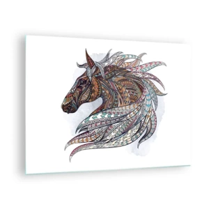 Quadro su vetro - Cavallo colorato in stile artistico con motivi geometrici - 70x50cm - Il destriero del guerriero celtico - Decorazione murale moderna per soggiorno e camera da letto ARTTOR