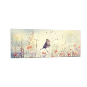 Quadro su vetro - Un uccello sullo sfondo di un prato colorato in colori pastello - 140x50cm - Ritratto d'uccello con prato di sfondo - Decorazione murale moderna per soggiorno e camera da letto ARTTOR