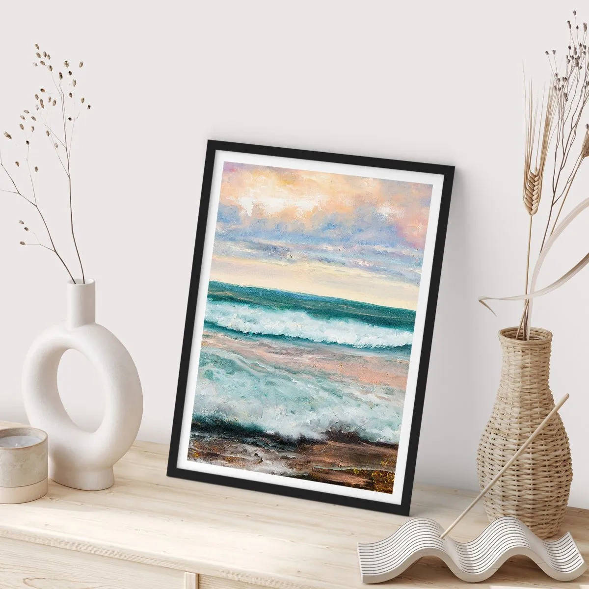 Poster in cornice nera - Onde del mare al tramonto - 50x70cm - Dove l'anima si calma - Decorazione murale moderna per soggiorno e camera da letto ARTTOR