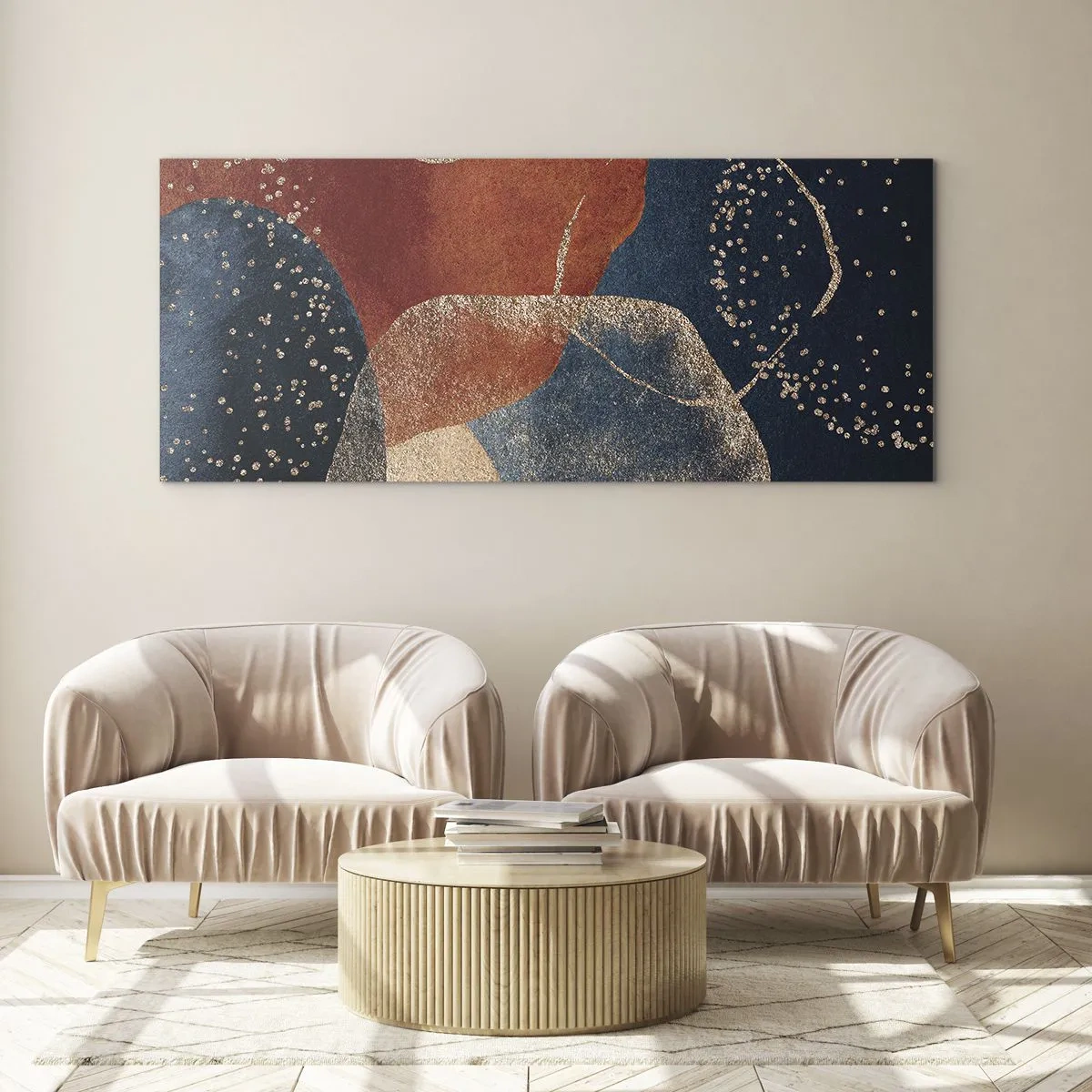 Quadro su vetro - Forme astratte nelle tonalità del rosso e del blu - 160x50cm - La leggerezza dell'essere - Decorazione murale moderna per soggiorno e camera da letto ARTTOR