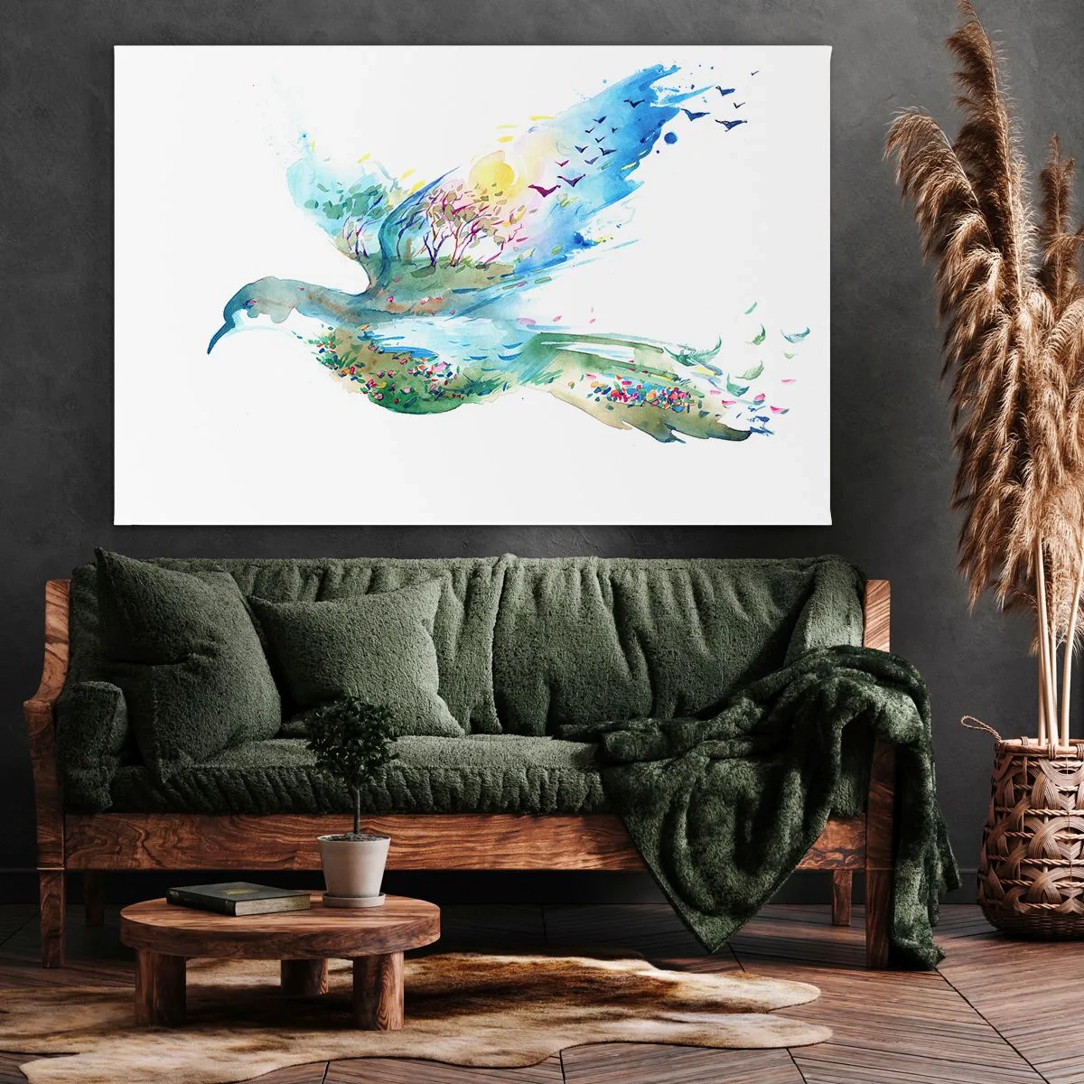Quadro su tela - Stampe su Tela - Composizione ad acquerello di un uccello con elementi della natura - 100x70cm - Sulle ali della natura - Decorazione murale moderna per soggiorno e camera da letto ARTTOR
