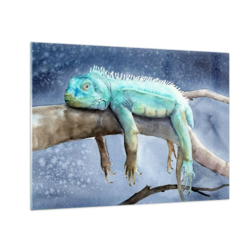 Quadro su vetro - Iguana blu sdraiata su un ramo in stile acquerello - 70x50cm - Va tutto bene! - Decorazione murale moderna per soggiorno e camera da letto ARTTOR