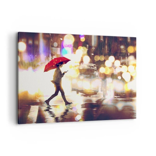 Quadro su tela - Stampe su Tela - Una figura con un ombrello rosso sulla strada sotto la pioggia - 100x70cm - Tuttavia è assolata - Decorazione murale moderna per soggiorno e camera da letto ARTTOR