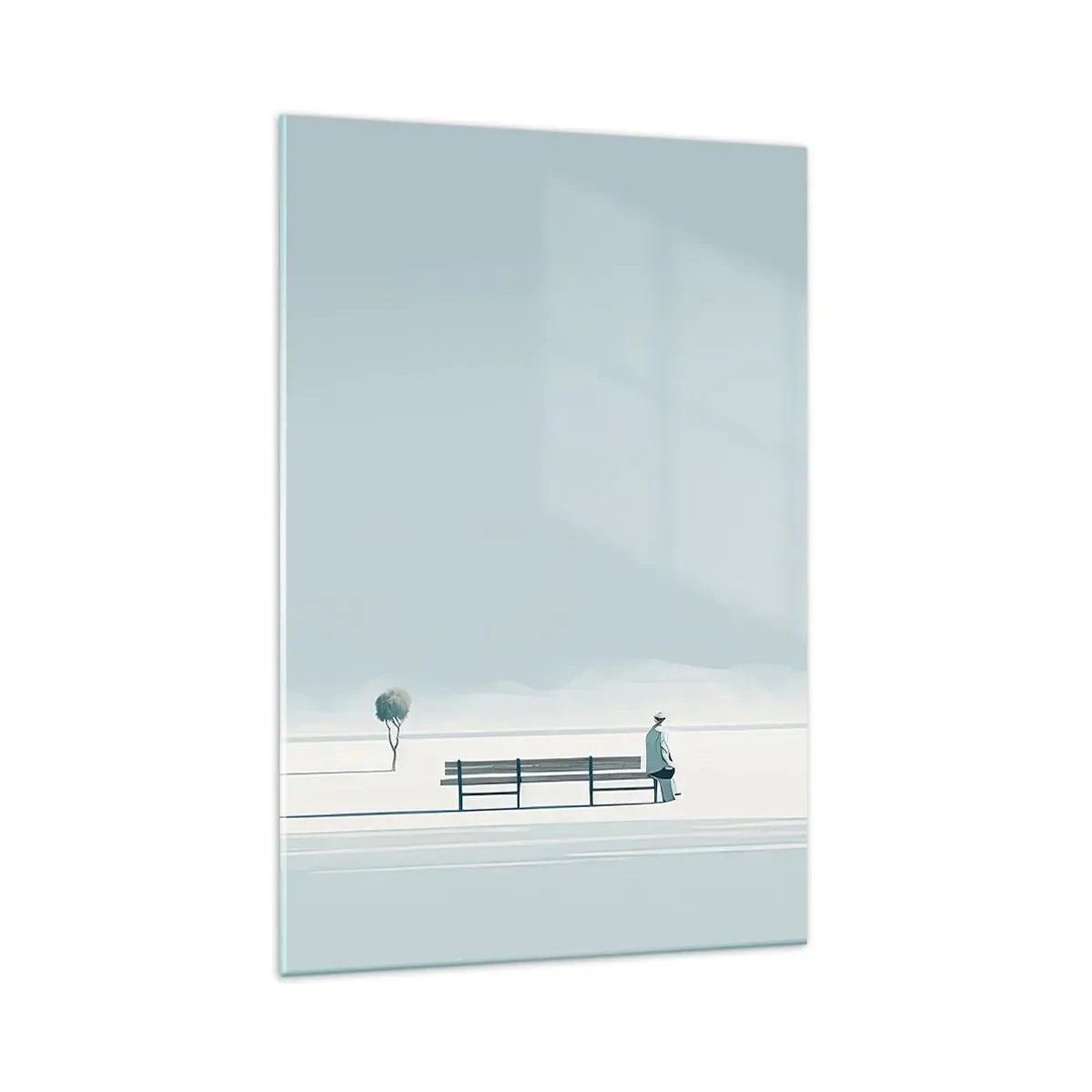 Quadro su vetro - Una persona seduta su una panchina in un paesaggio minimalista - 70x100cm - Si, aspetto. - Decorazione murale moderna per soggiorno e camera da letto ARTTOR