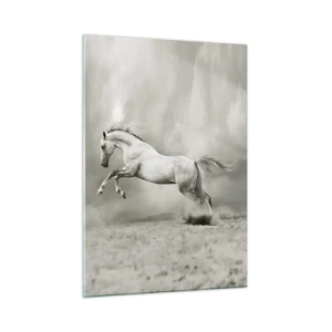 Quadro su vetro - Un cavallo bianco che salta contro le nuvole - 50x70cm - Tra la veglia e il sonno, - Decorazione murale moderna per soggiorno e camera da letto ARTTOR