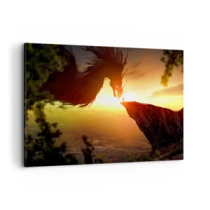 Quadro su tela - Stampe su Tela - Un drago e un uomo su una roccia al chiarore del sole al tramonto - 120x80cm - Il cacciatore di draghi - Decorazione murale moderna per soggiorno e camera da letto ARTTOR