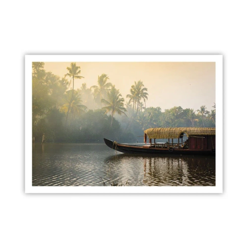 Poster - Una barca tradizionale su un fiume calmo tra le palme - 100x70cm - Casa sul fiume - Decorazione murale moderna per soggiorno e camera da letto ARTTOR